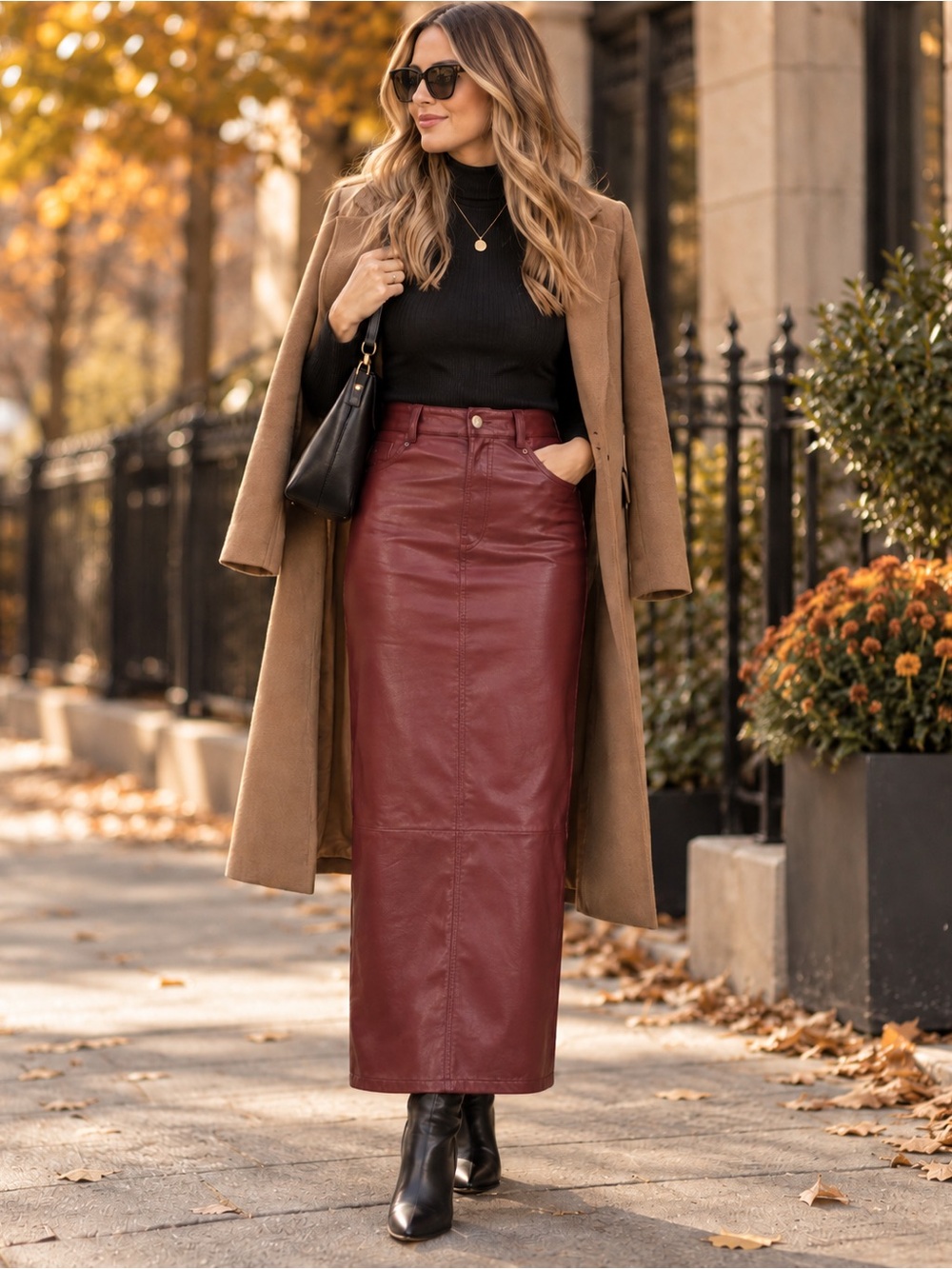 Free People City Slicker Vegan Leather Maxi Skirt Red Jasper Burgundy - Sz 4